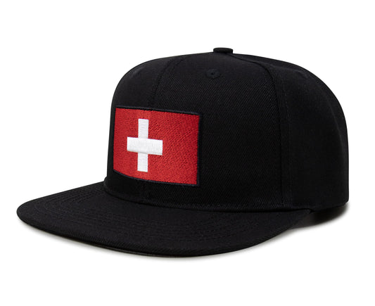 International Tie Swiss Flag Hat for Men and Women - Switzerland Snapback Trucker Baseball Cap (Black Flatbill)