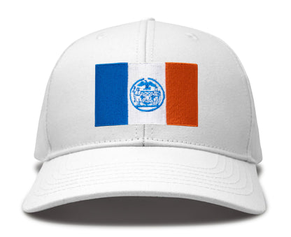International Tie New York City Flag Hat for Men and Women - Adjustable Snapback Trucker Baseball Cap (All White)