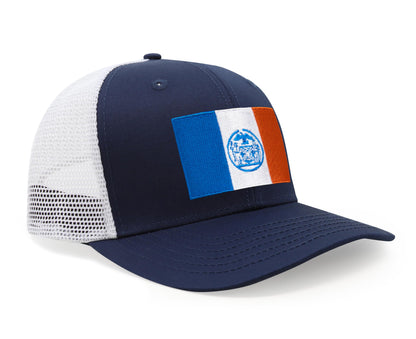 International Tie New York City Flag Hat for Men and Women - Adjustable Snapback Trucker Baseball Cap (Navy White)