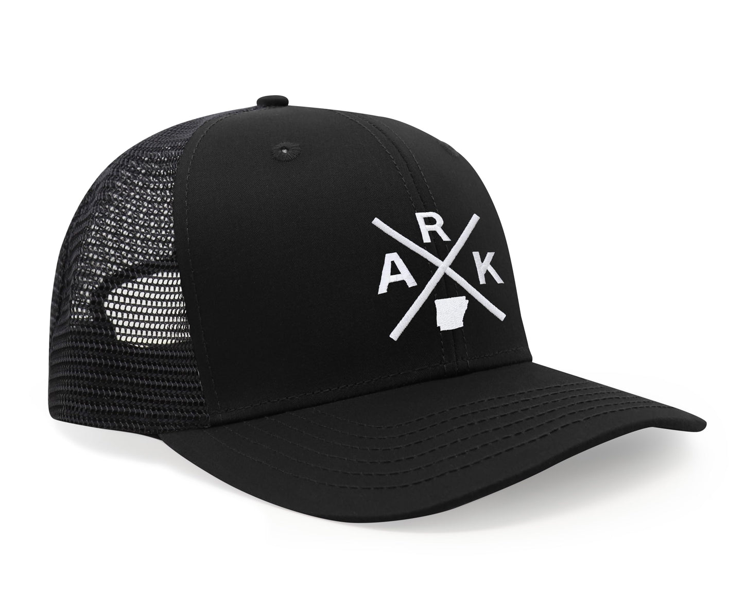 International Tie Hat for Men and Women, Adjustable Snapback Trucker Baseball Cap, Embroidered Cross Logo (ARK - Arkansas, All Black)
