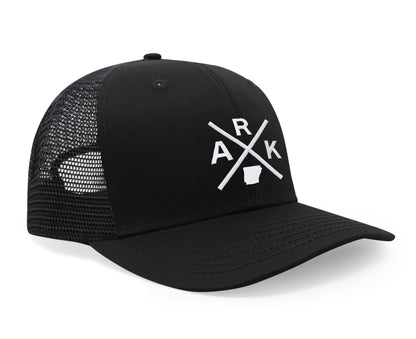 International Tie Hat for Men and Women, Adjustable Snapback Trucker Baseball Cap, Embroidered Cross Logo (ARK - Arkansas, All Black)