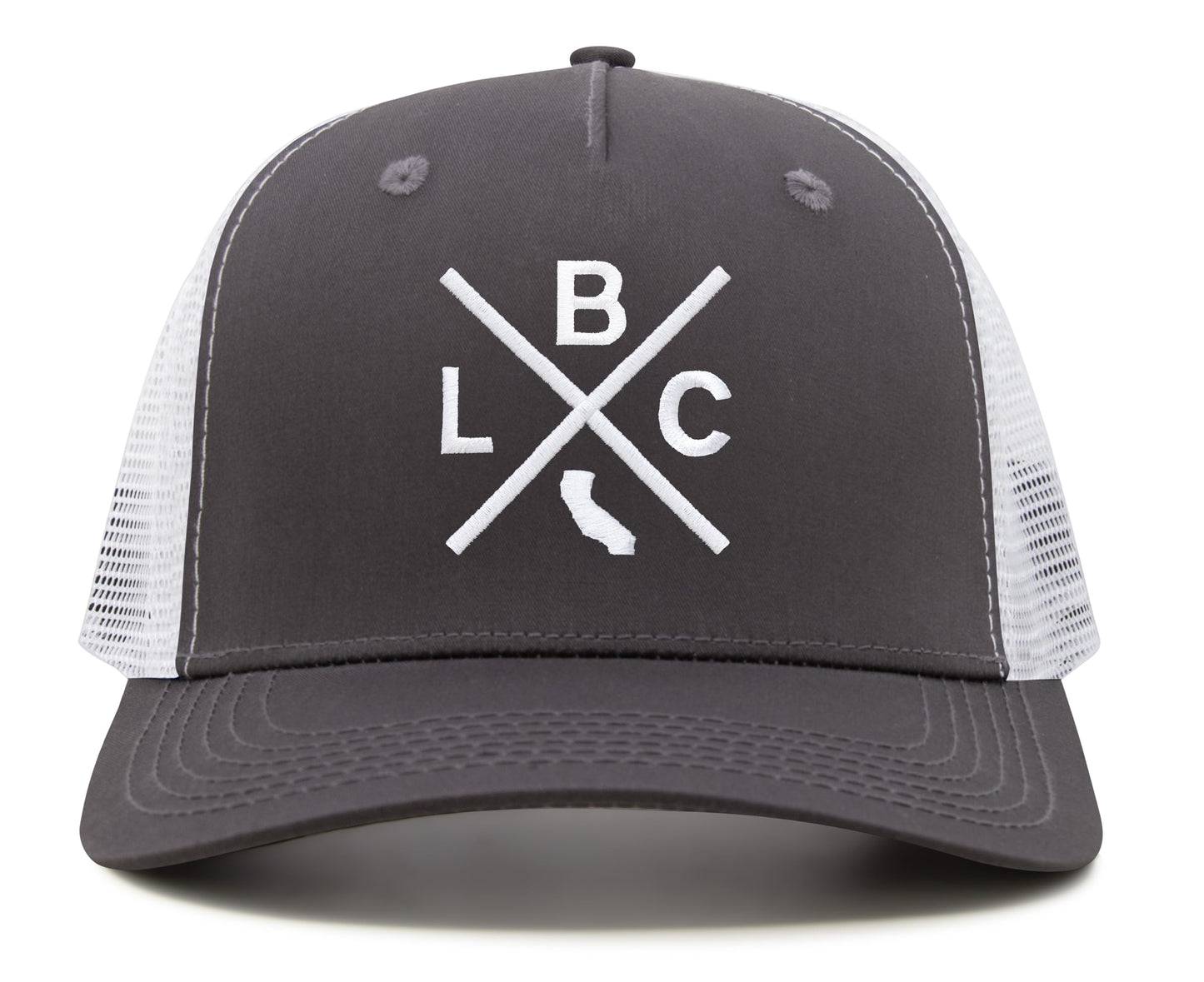 International Tie LBC (Long Beach California) - Hat for Men and Women - Snapback Trucker Baseball Cap (Grey/White)