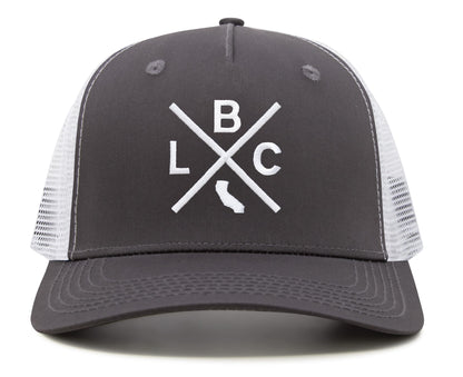 International Tie LBC (Long Beach California) - Hat for Men and Women - Snapback Trucker Baseball Cap (Grey/White)