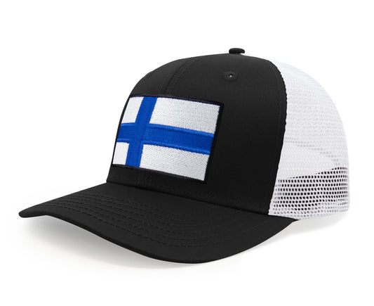 International Tie Finland Flag Hat for Men and Women - Adjustable Snapback Trucker Baseball Cap (Black White)