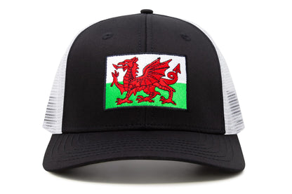 International Tie Country Hat for Men and Women, Adjustable Snapback Trucker Baseball Cap with Embroidered Patch (Wales, Black White)