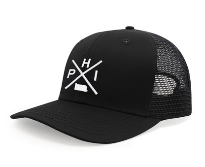 International Tie Hat for Men and Women, Adjustable Snapback Trucker Baseball Cap, Embroidered Cross Logo (PHI - Philadelphia, All Black)