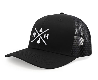 International Tie Hat for Men and Women, Adjustable Snapback Trucker Baseball Cap, Embroidered Cross Logo (NH- New Hampshire, All Black)