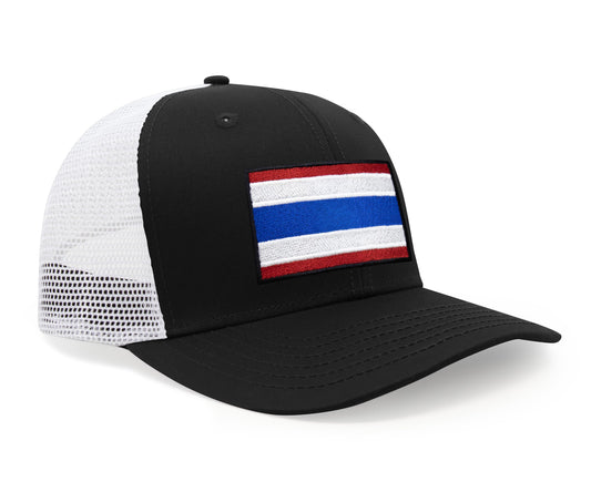 International Tie Country Hat for Men and Women, Adjustable Snapback Trucker Baseball Cap with Embroidered Patch (Thailand, Black White) - International Tie