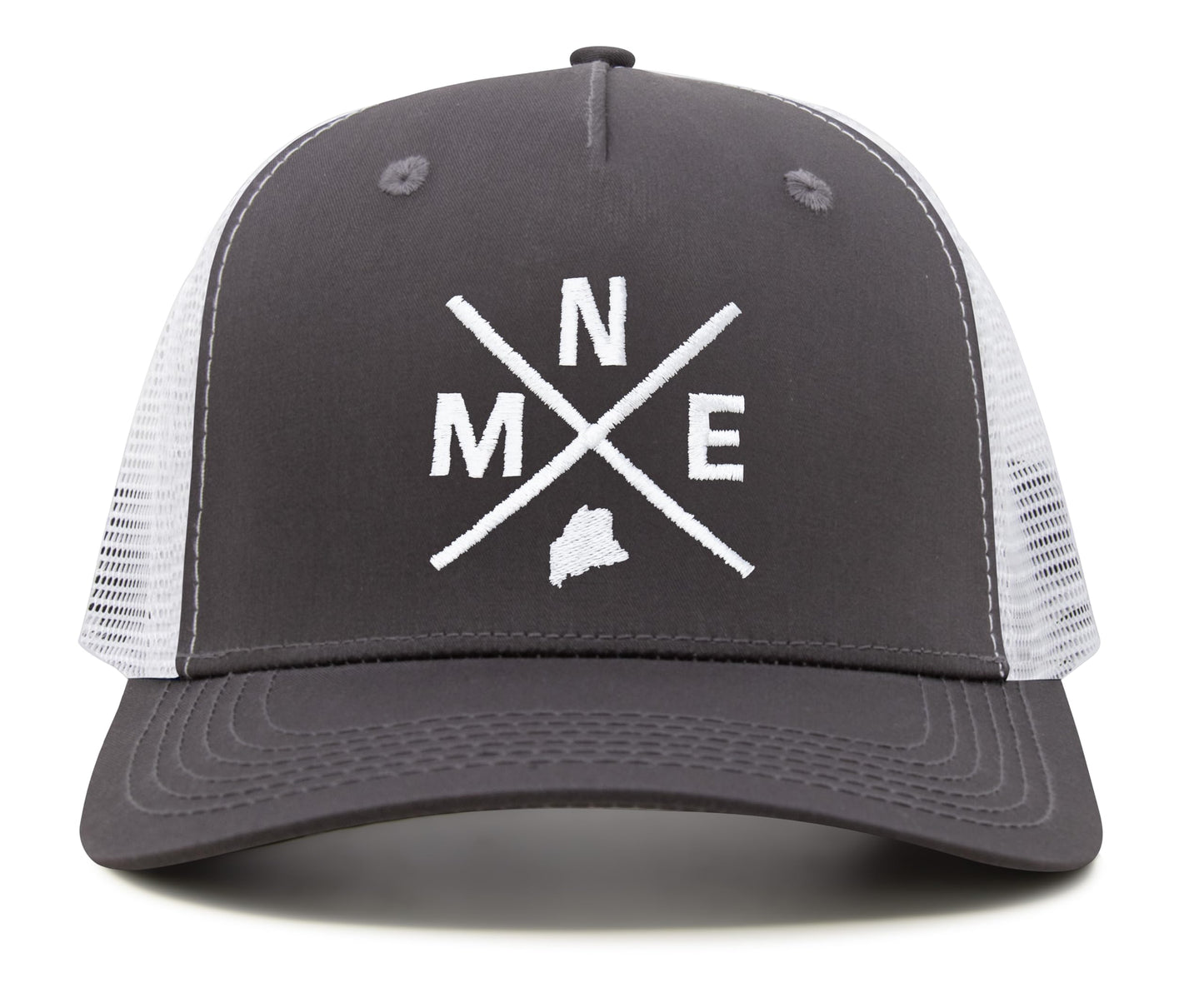 International Tie State City Hat for Men and Women, Snapback Trucker Baseball Cap with Embroidered Cross Logo (MNE - Maine, Grey White) - International Tie