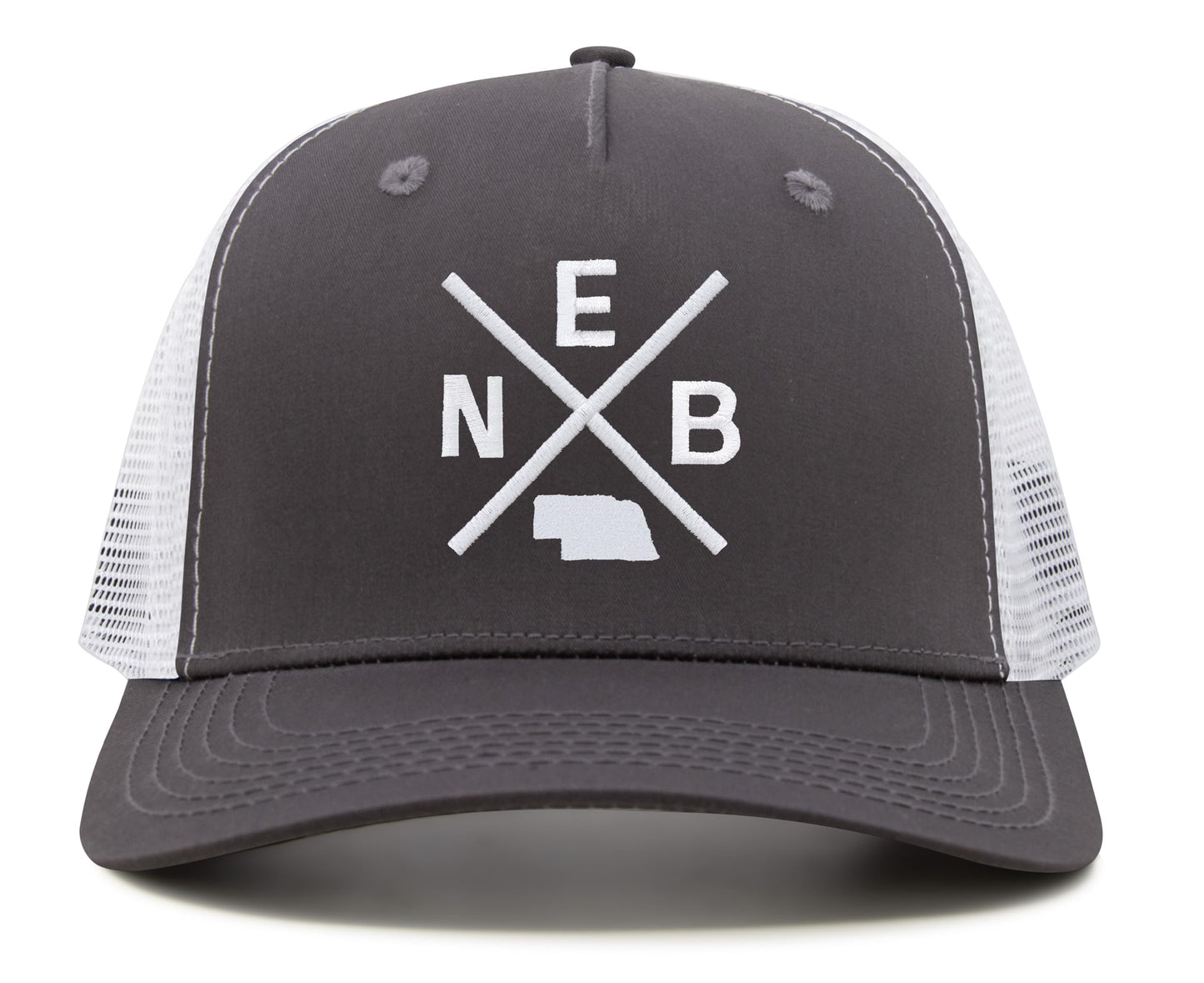 International Tie Hat for Men and Women, Adjustable Snapback Trucker Baseball Cap, Embroidered Cross Logo (NEB - Nebraska, Grey White)