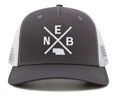 International Tie Hat for Men and Women, Adjustable Snapback Trucker Baseball Cap, Embroidered Cross Logo (NEB - Nebraska, Grey White)