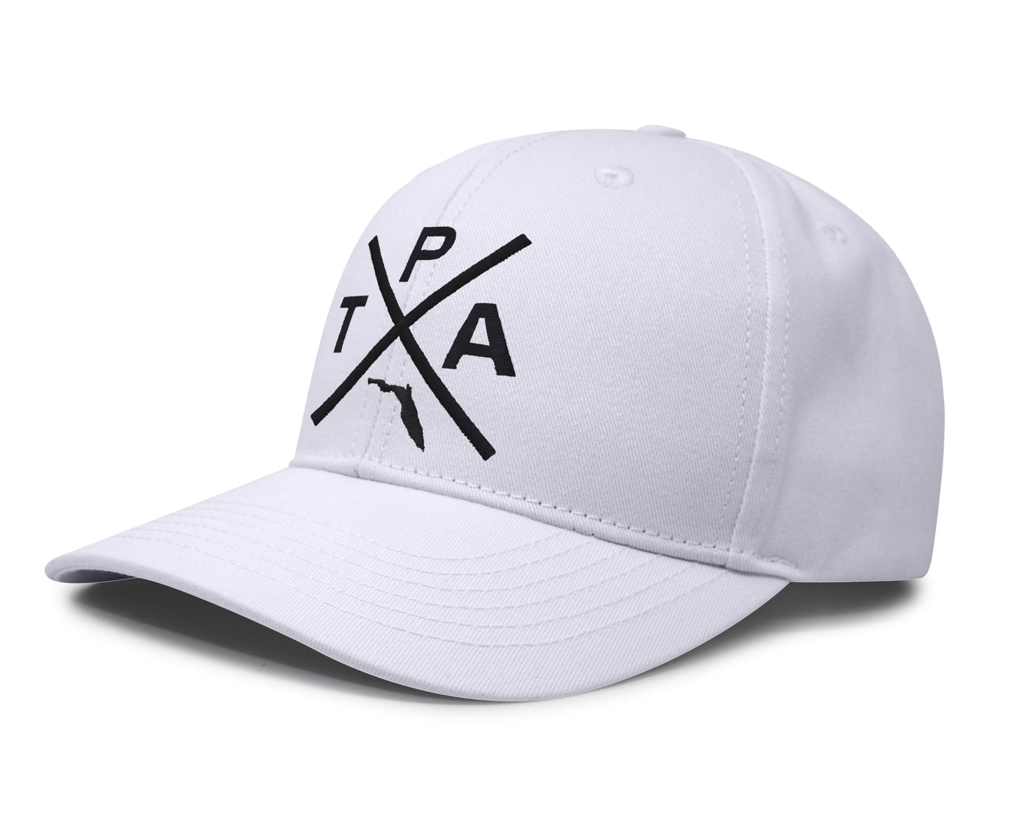 International Tie Hat for Men and Women, Snapback Trucker Baseball Cap, Embroidered Cross Logo (Tampa - TPA, All White)