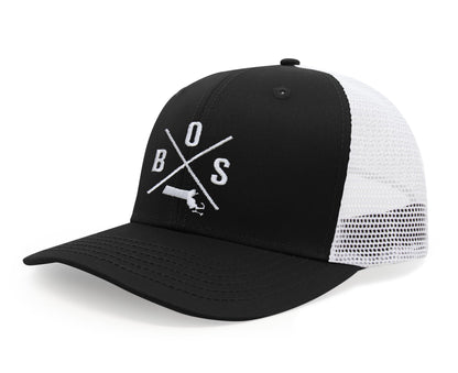 International Tie Premium Boston BOS Hat for Men and Women – Snapback Trucker Baseball Cap (Black/White)