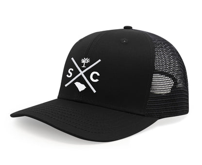 International Tie Hat for Men and Women, Adjustable Snapback Trucker Baseball Cap, Embroidered Cross Logo (SC - South Carolina, All Black)