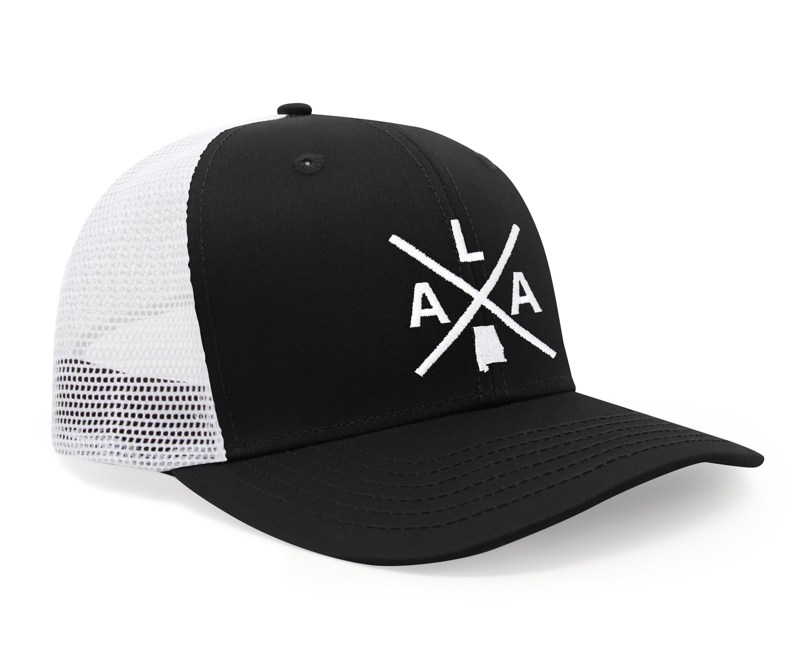 International Tie State City Hat for Men and Women, Snapback Trucker Baseball Cap with Embroidered Cross Logo (Alabama - ALA, Black White)