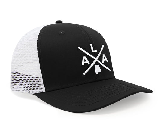 International Tie State City Hat for Men and Women, Snapback Trucker Baseball Cap with Embroidered Cross Logo (Alabama - ALA, Black White) - International Tie