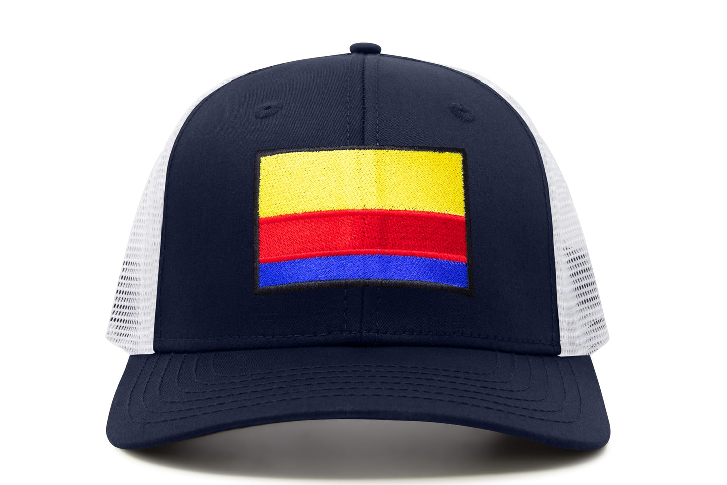 International Tie Country Hat for Men and Women, Adjustable Snapback Trucker Baseball Cap with Embroidered Patch (Colombia, Navy White)