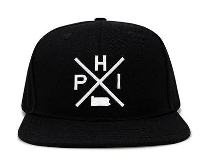 International Tie Philadelphia Hat for Men and Women, PHI Snapback Trucker Baseball Cap, Embroidered Cross Logo  (Black Flatbill)