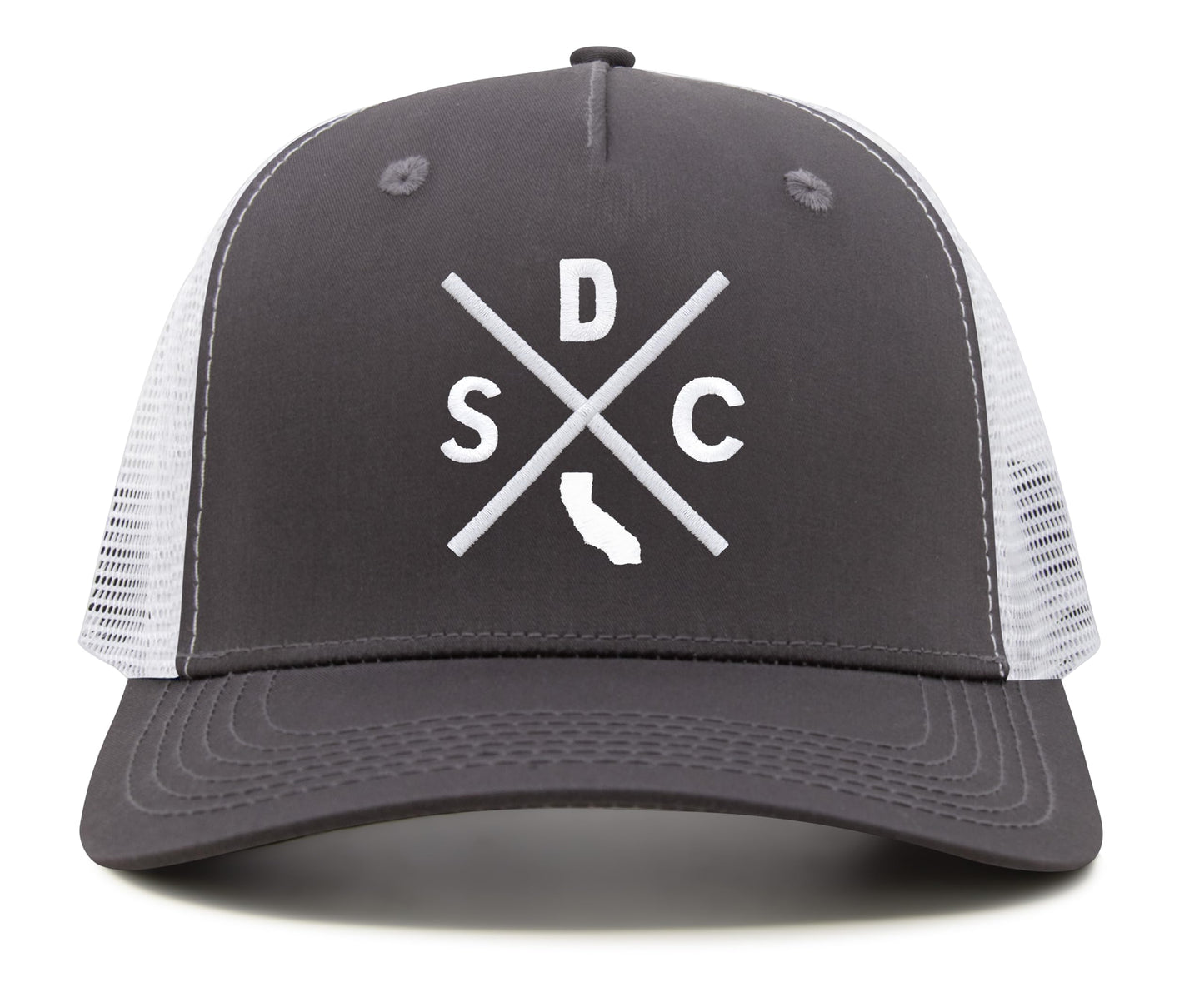 International Tie Hat for Men and Women, Adjustable Snapback Trucker Baseball Cap, Embroidered Cross Logo (SDC - San Diego, Grey White)