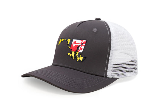 International Tie Stateline Flag Hat for Men and Women - Snapback Trucker Baseball Cap (Maryland, Grey White)