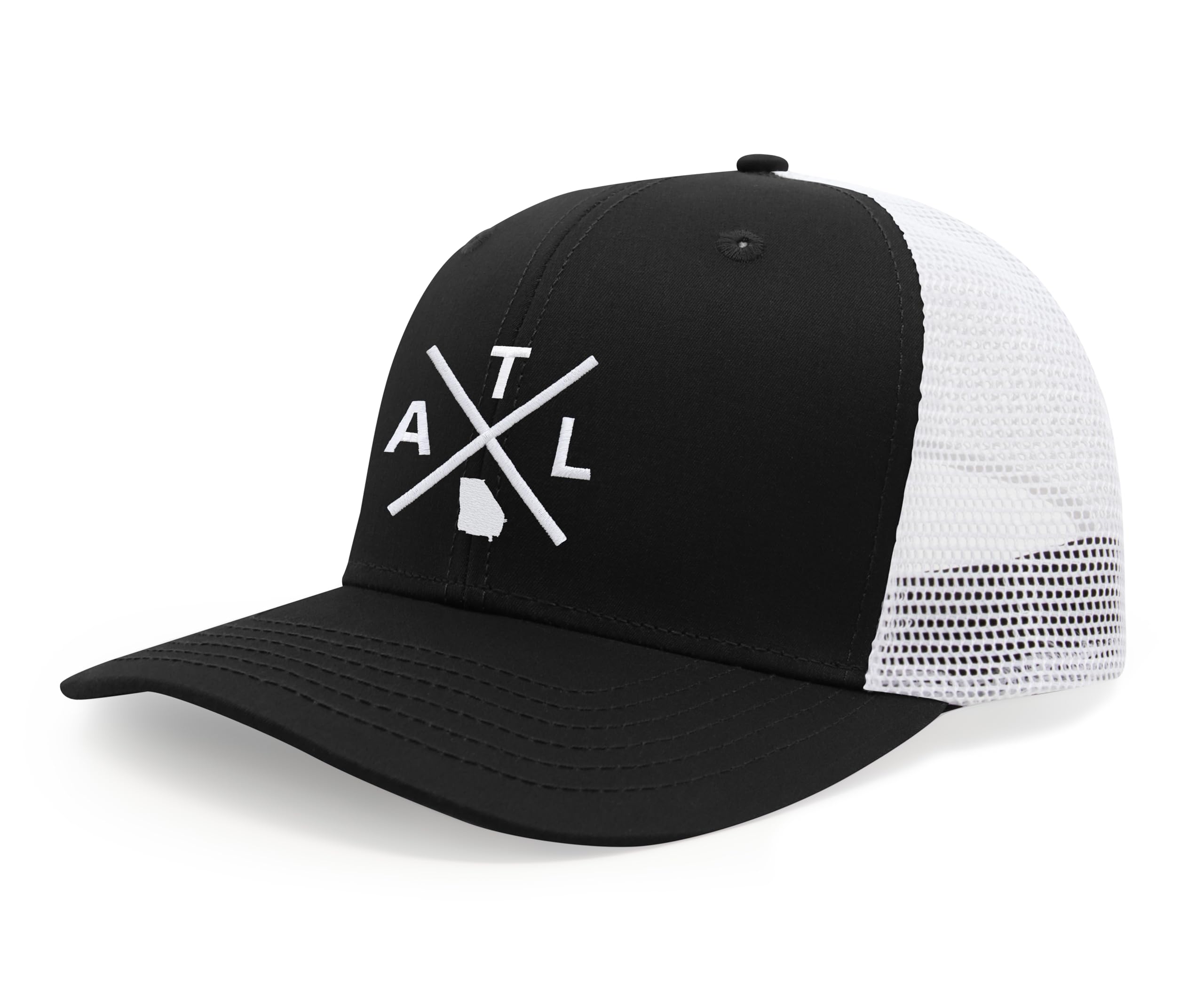 International Tie Hat for Men and Women, Snapback Trucker Baseball Cap, Embroidered Cross Logo (ATL - Atlanta, Black White)