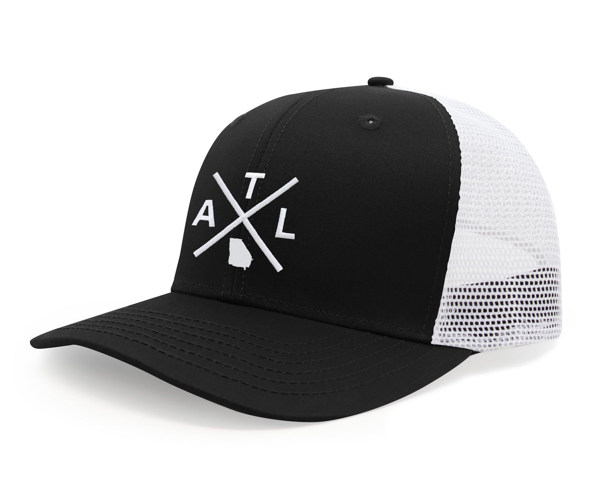 International Tie Hat for Men and Women, Snapback Trucker Baseball Cap, Embroidered Cross Logo (ATL - Atlanta, Black White) - International Tie