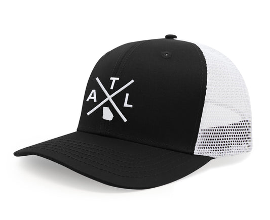 International Tie Hat for Men and Women, Snapback Trucker Baseball Cap, Embroidered Cross Logo (ATL - Atlanta, Black White) - International Tie