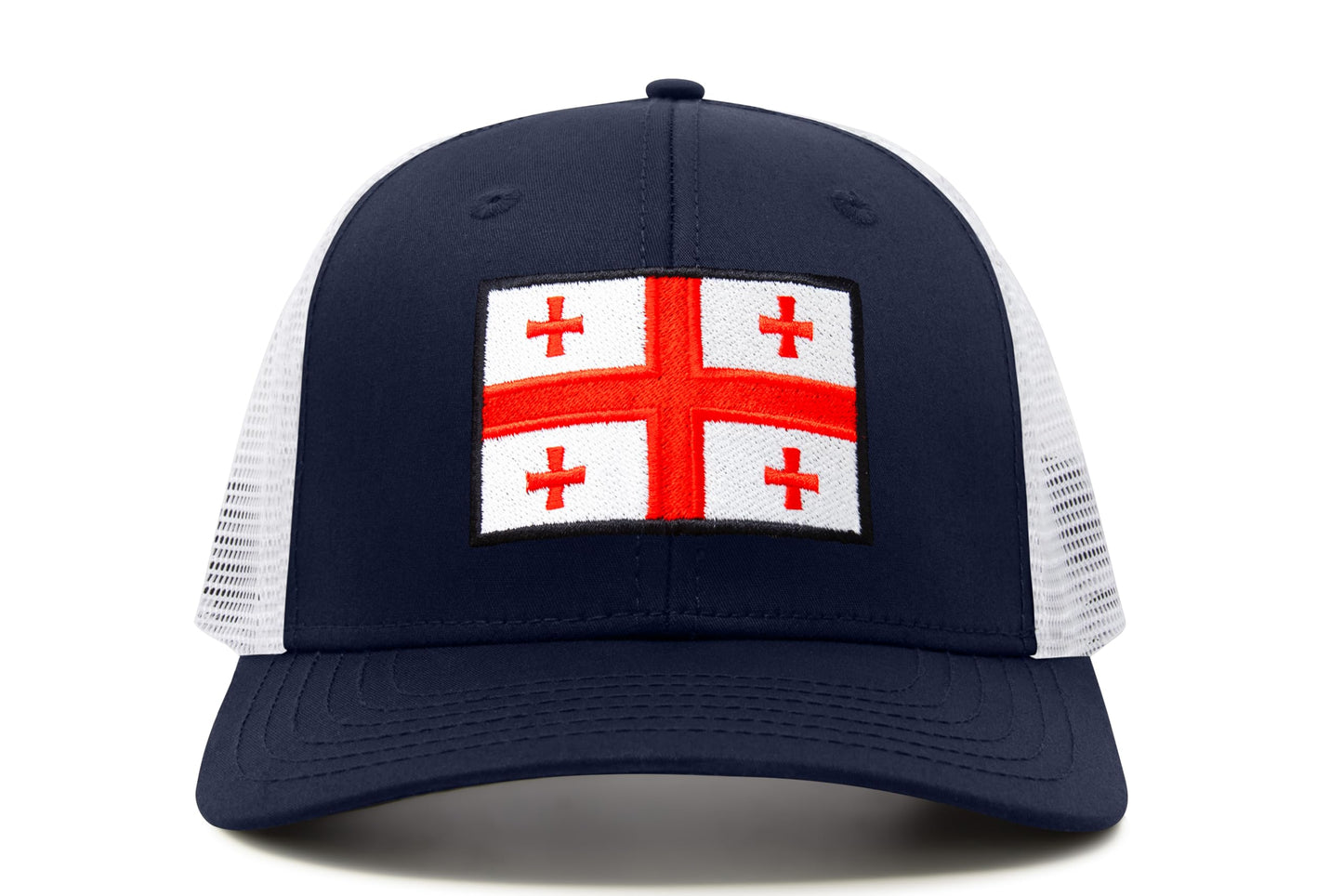 International Tie Country Hat for Men and Women, Adjustable Snapback Trucker Baseball Cap with Embroidered Patch (Georgia, Navy White)