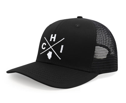 International Tie Premium Chicago CHI Flag Hat Men and Women – Snapback Trucker Baseball Cap (All Black)