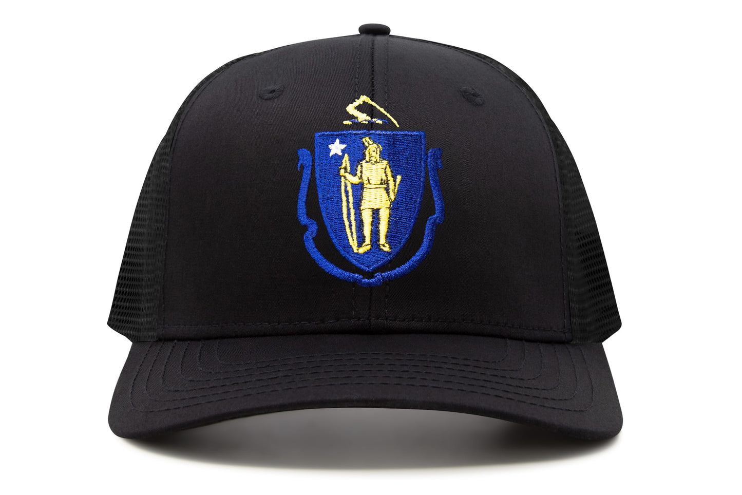 International Tie State Hat for Men and Women, Adjustable Snapback Trucker Baseball Cap with Embroidered Patch (Massachusetts, All Black) - International Tie