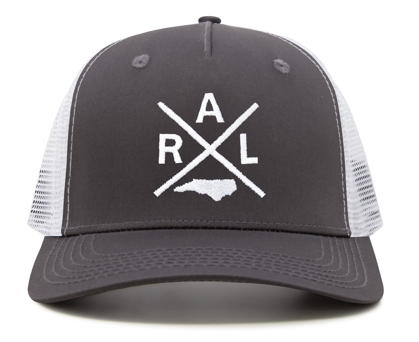 International Tie State City Hat for Men and Women, Snapback Trucker Baseball Cap with Embroidered Cross Logo (Raleigh - RAL, Grey White)