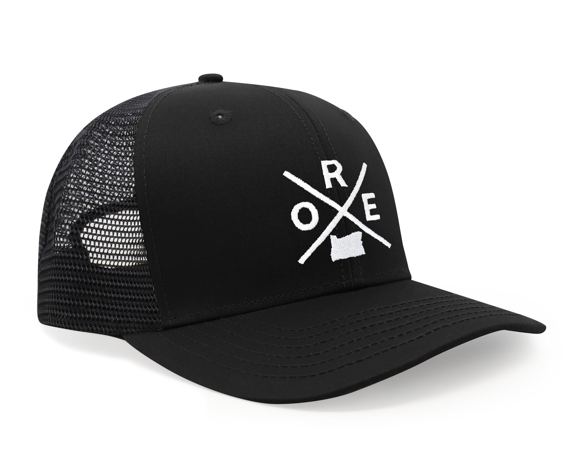 International Tie Hat for Men and Women, Snapback Trucker Baseball Cap, Embroidered Cross Logo (ORE - Oregon, All Black) - International Tie