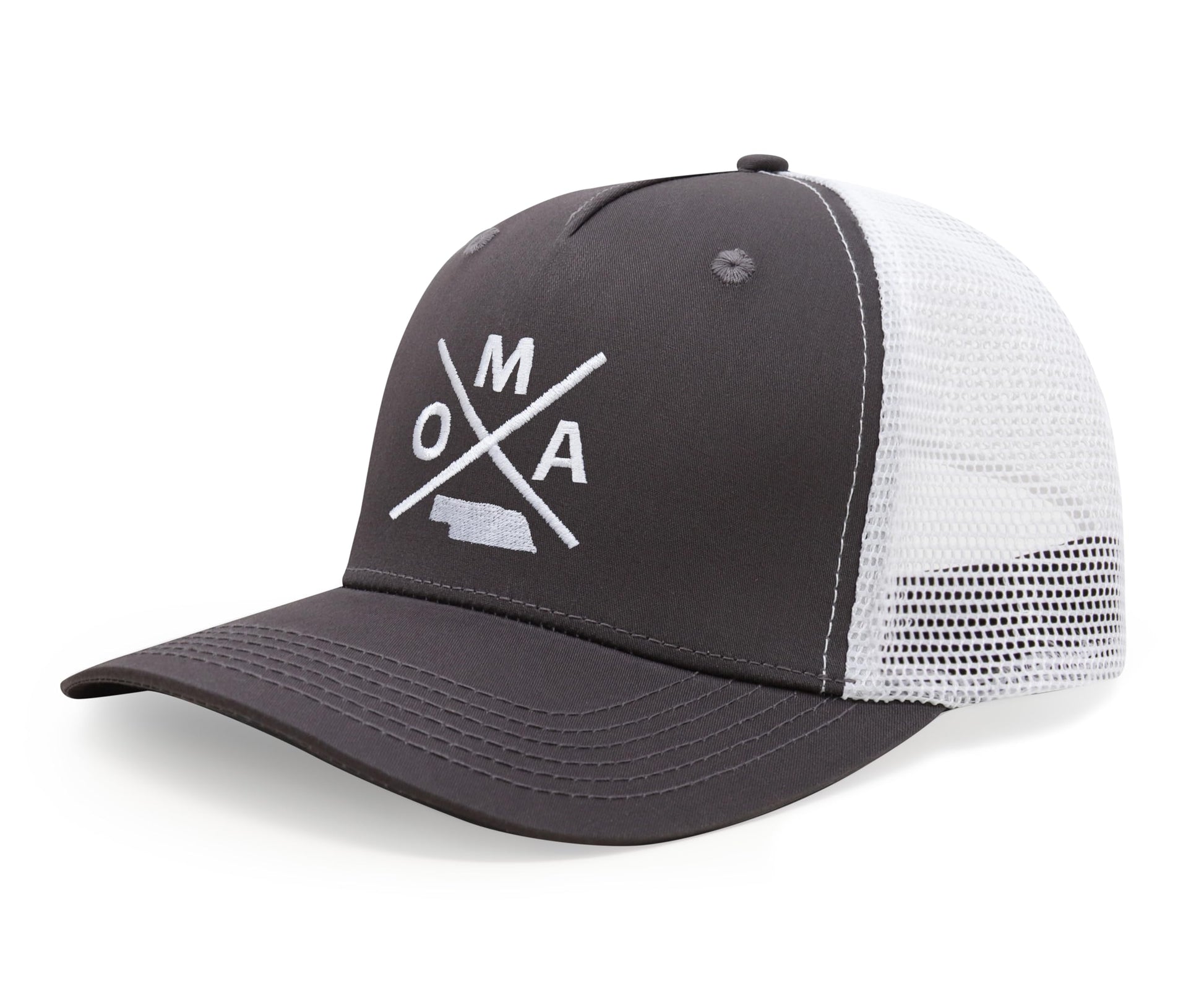 International Tie Hat for Men and Women, Snapback Trucker Baseball Cap, Embroidered Cross Logo (OMA - Omaha, Grey White) - International Tie