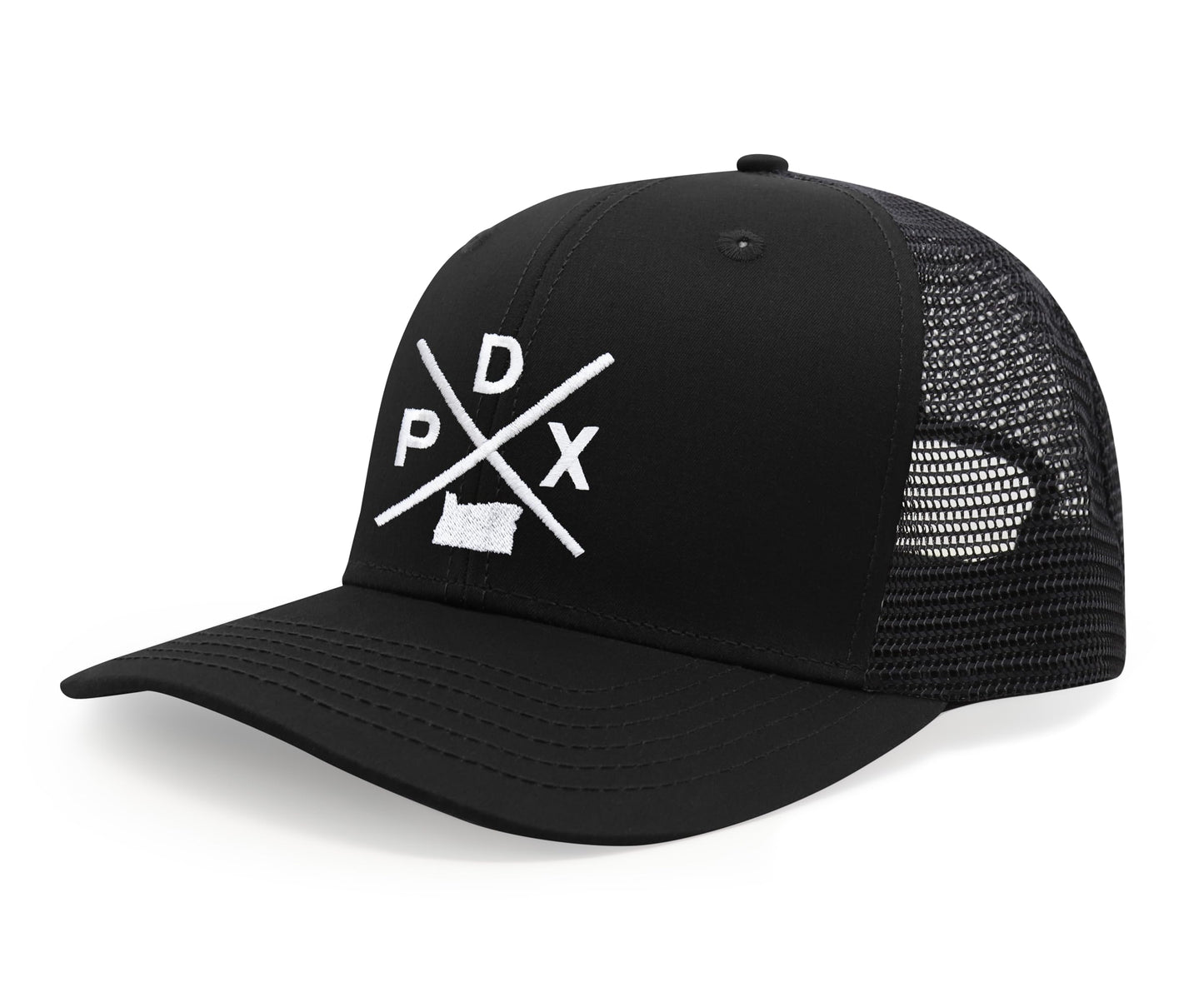 International Tie Hat for Men and Women, Snapback Trucker Baseball Cap, Embroidered Cross Logo (PDX - Portland, All Black) - International Tie