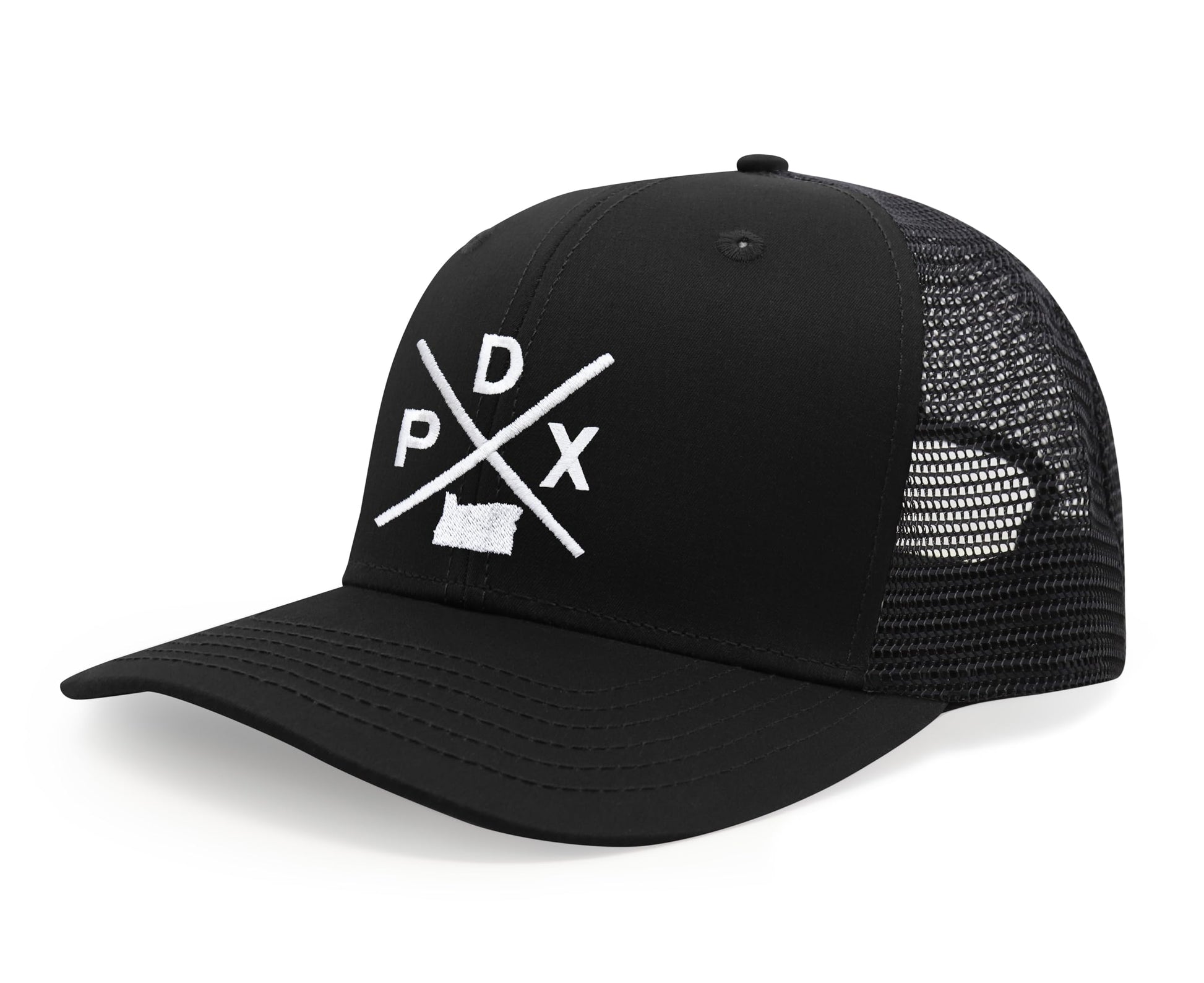 International Tie Hat for Men and Women, Snapback Trucker Baseball Cap, Embroidered Cross Logo (PDX - Portland, All Black) - International Tie