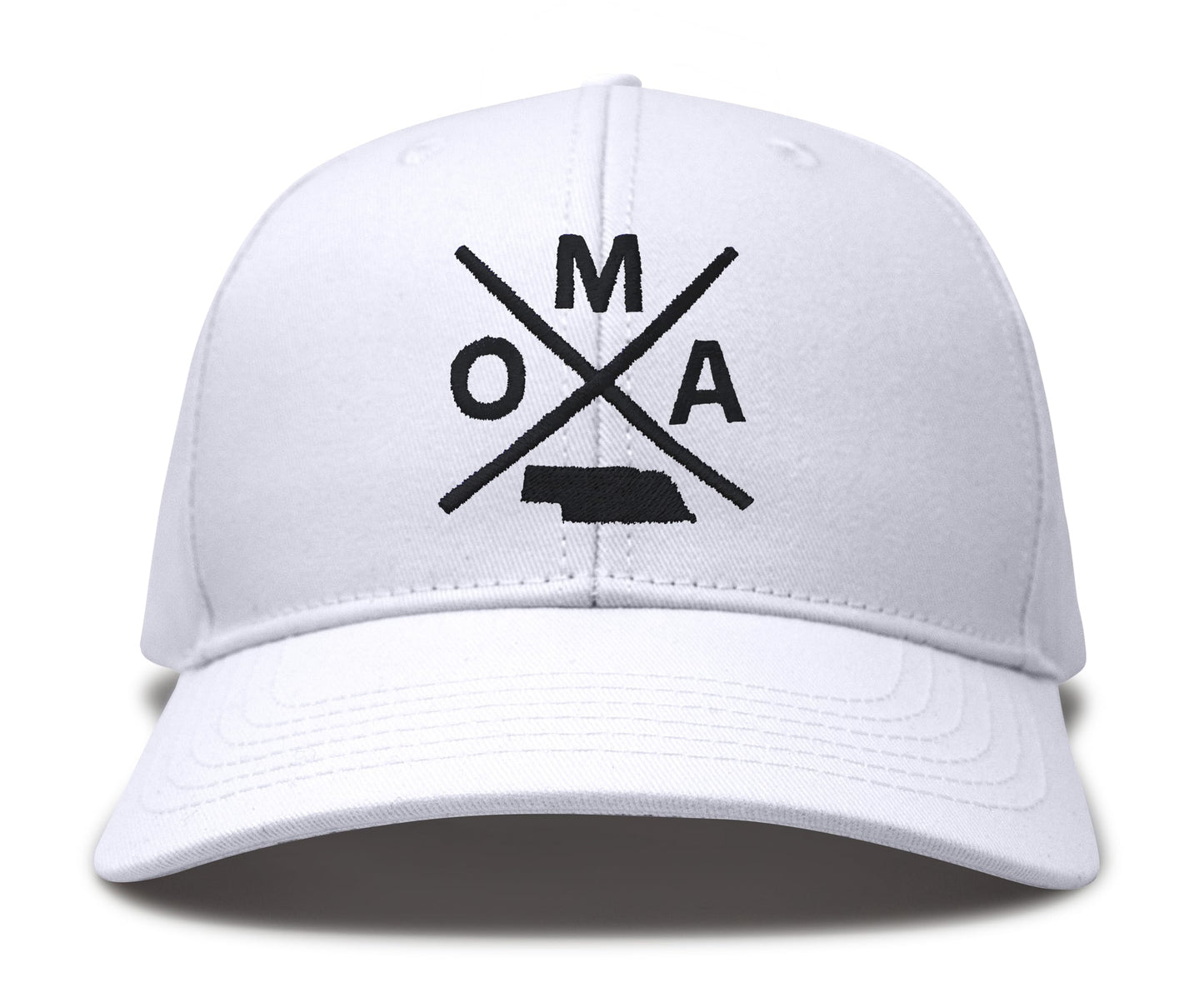 International Tie Hat for Men and Women, Snapback Trucker Baseball Cap, Embroidered Cross Logo (OMA - Omaha, All White) - International Tie