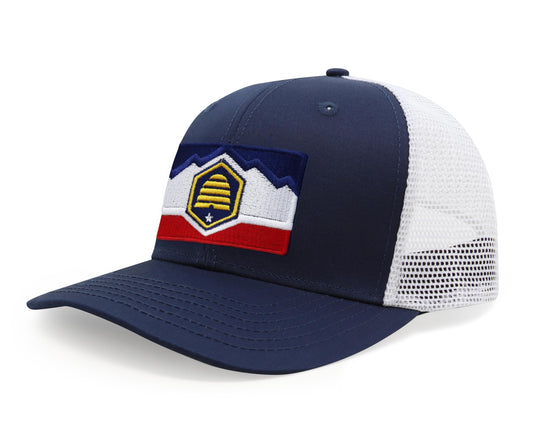 International Tie Premium Utah Flag Hat for Men and Women - Snapback Trucker Baseball Cap (Navy White)