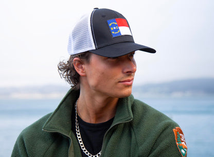 North Carolina Flag Trucker Baseball Snapback Hat (Black White) - International Tie