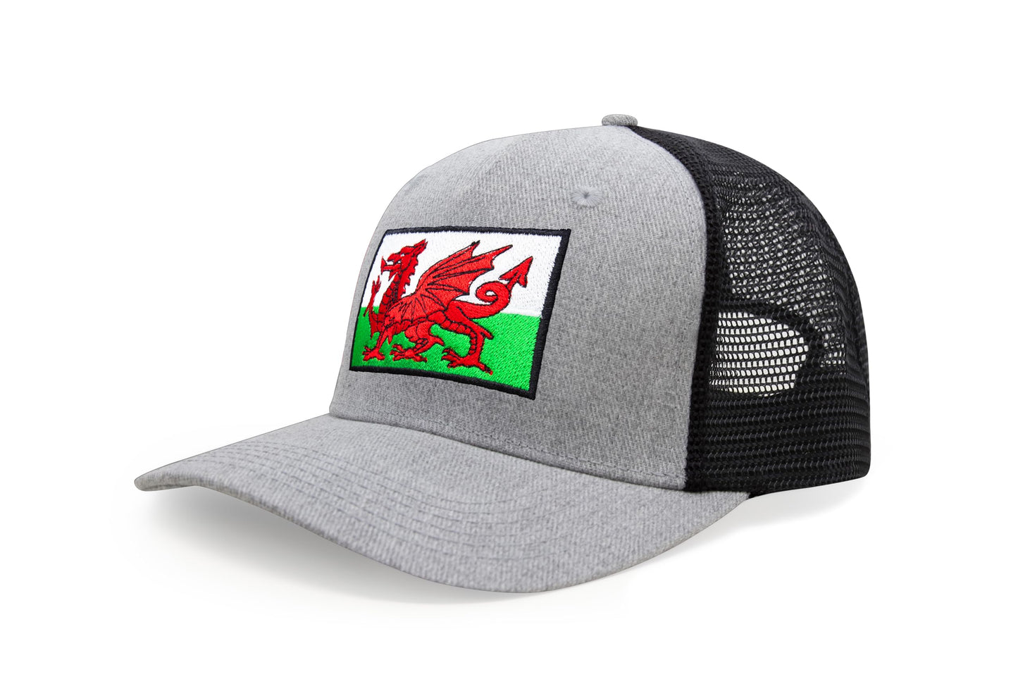 International Tie Country Hat for Men and Women, Adjustable Snapback Trucker Baseball Cap with Embroidered Patch (Wales, Grey Black)