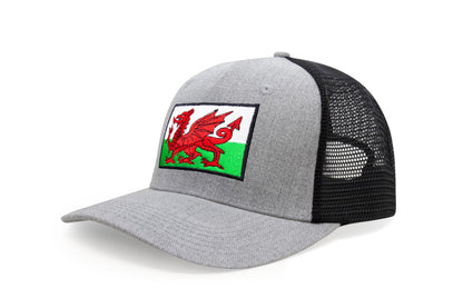 International Tie Country Hat for Men and Women, Adjustable Snapback Trucker Baseball Cap with Embroidered Patch (Wales, Grey Black)
