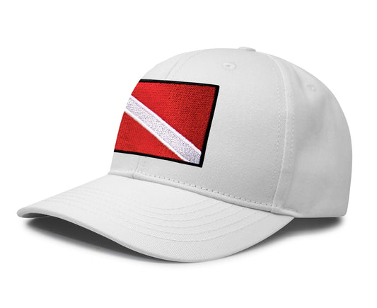 International Tie Scuba Diver Hat for Men and Women, Adjustable Snapback Trucker Baseball Cap with Embroidered Scuba Flag (All White)