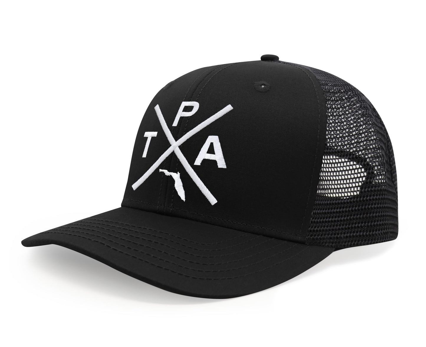 International Tie Hat for Men and Women, Snapback Trucker Baseball Cap, Embroidered Cross Logo (Tampa - TPA, All Black)