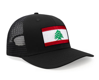 International Tie Lebanon Flag Hat for Men and Women - Adjustable Snapback Trucker Baseball Cap (All Black)