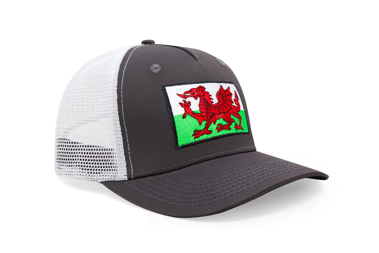 International Tie Country Hat for Men and Women, Adjustable Snapback Trucker Baseball Cap with Embroidered Patch (Wales, Grey White)