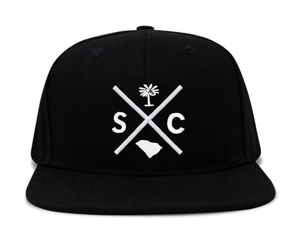 International Tie Hat for Men and Women, Adjustable Snapback Trucker Baseball Cap, Embroidered Cross Logo (SC - South Carolina, Black Flatbill)