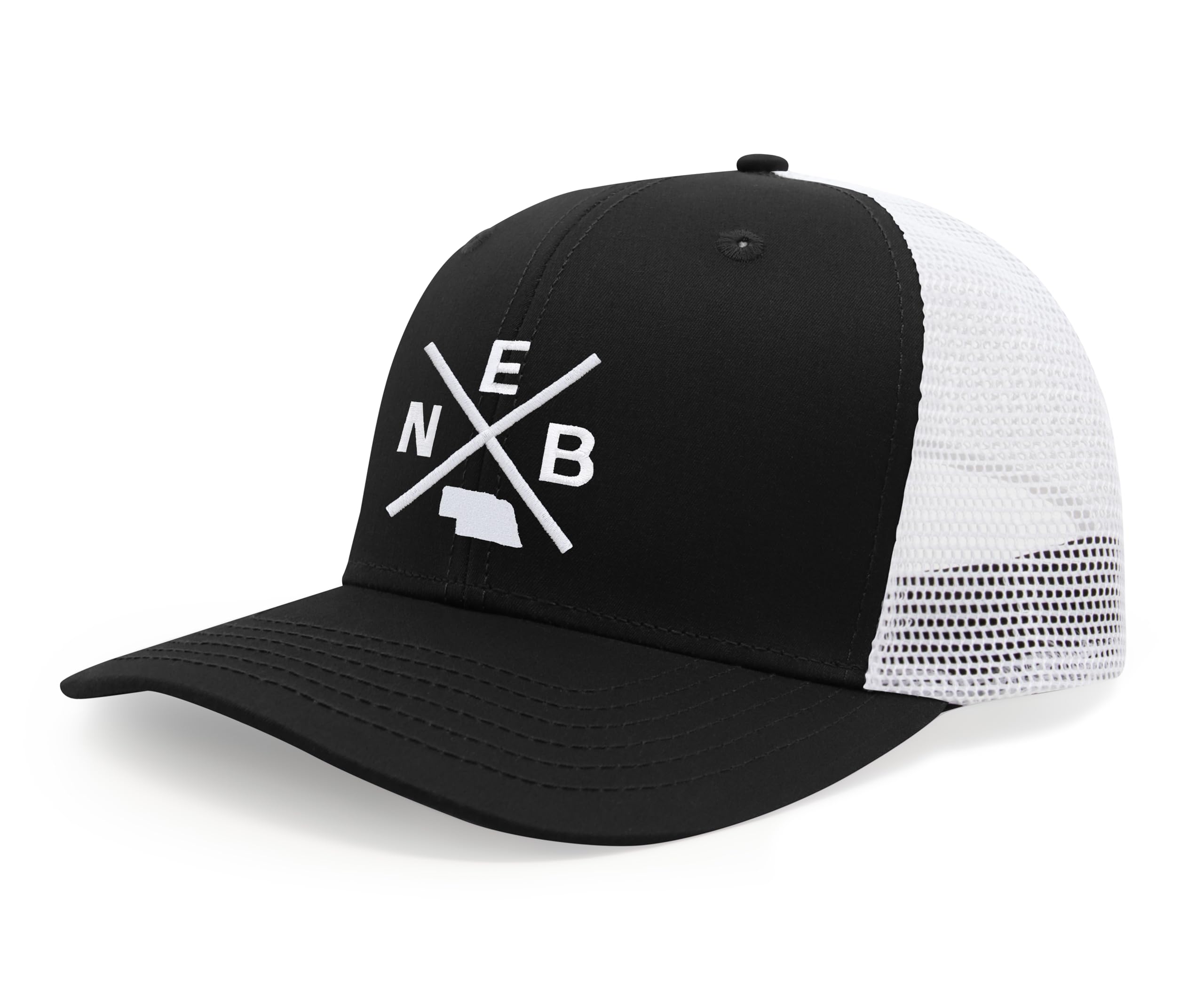 International Tie Hat for Men and Women, Adjustable Snapback Trucker Baseball Cap, Embroidered Cross Logo (NEB - Nebraska, Black White)