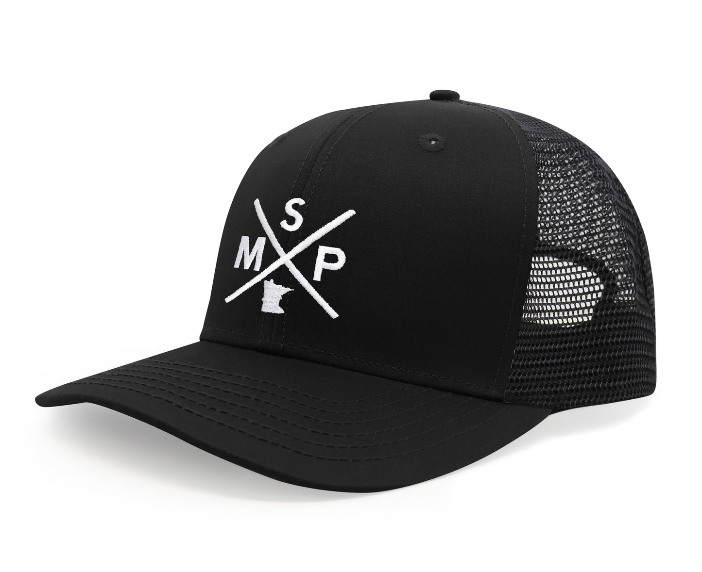 International Tie State City Hat for Men and Women, Snapback Trucker Baseball Cap with Embroidered Cross Logo (MSP - Minneapolis St. Paul, All Black) - International Tie