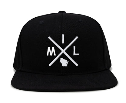 International Tie Hat for Men and Women, Adjustable Snapback Trucker Baseball Cap, Embroidered Cross Logo (MIL - Milwaukee, Black Flatbill)