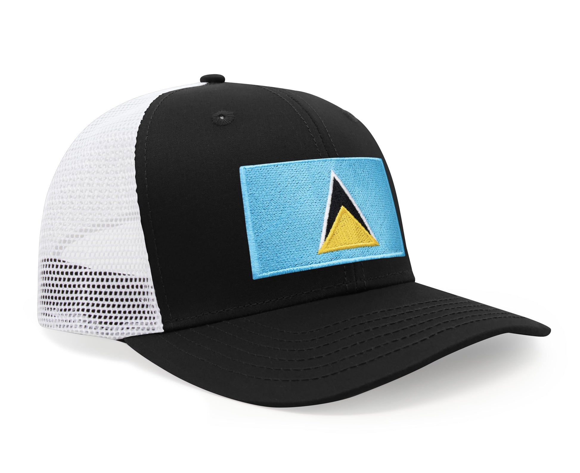 International Tie Country Hat for Men and Women, Adjustable Snapback Trucker Baseball Cap with Embroidered Patch (Saint Lucia, Black White) - International Tie