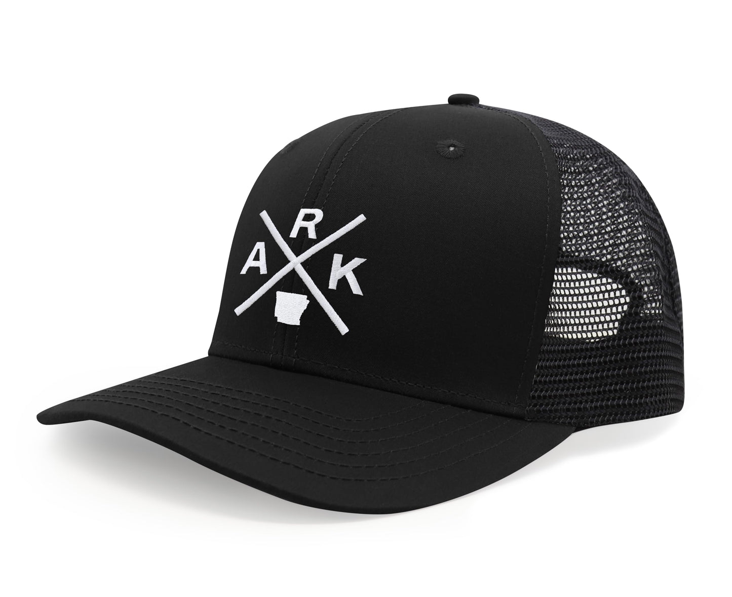 International Tie Hat for Men and Women, Adjustable Snapback Trucker Baseball Cap, Embroidered Cross Logo (ARK - Arkansas, All Black)